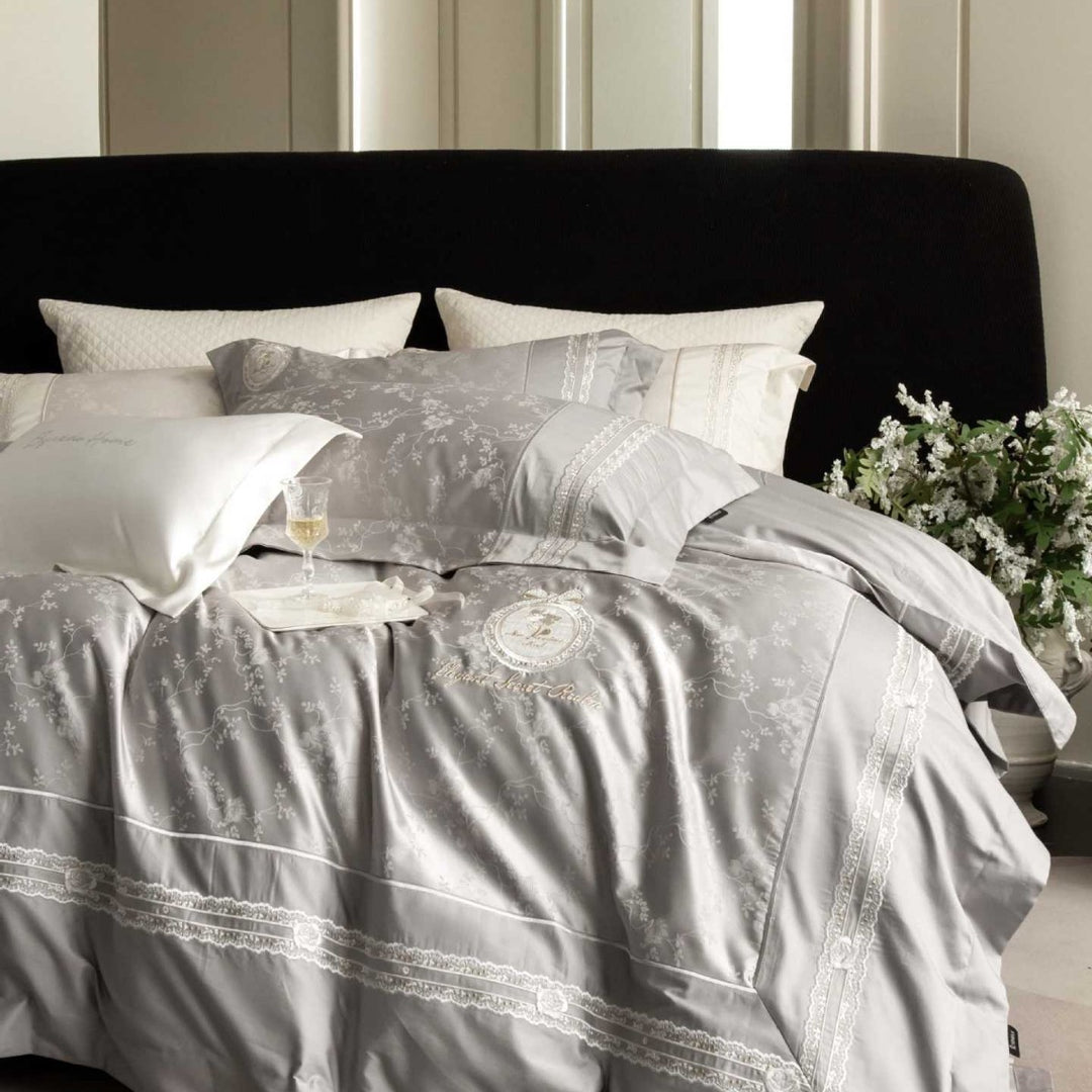 Luxurious satin bedding set with intricate embroidery