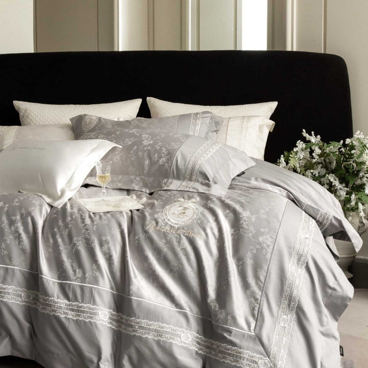 Luxurious satin bedding set with intricate embroidery