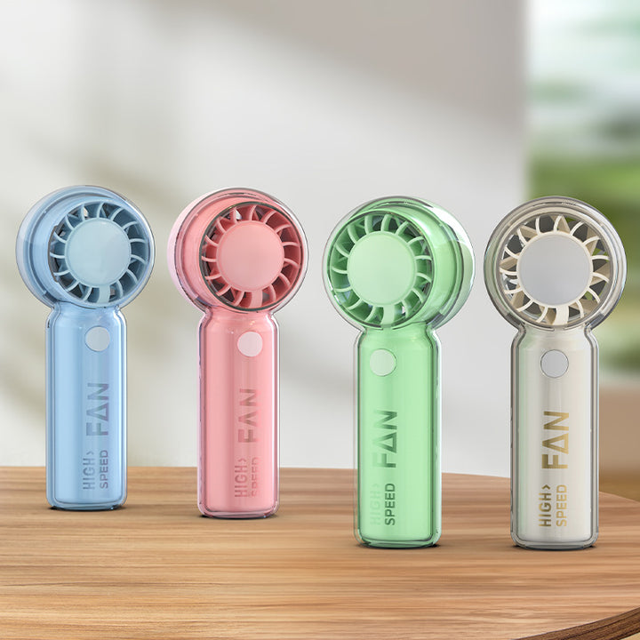 Cooling portable high-speed handheld mini fan with transparent safety housing and USB-C recharge Kalsten