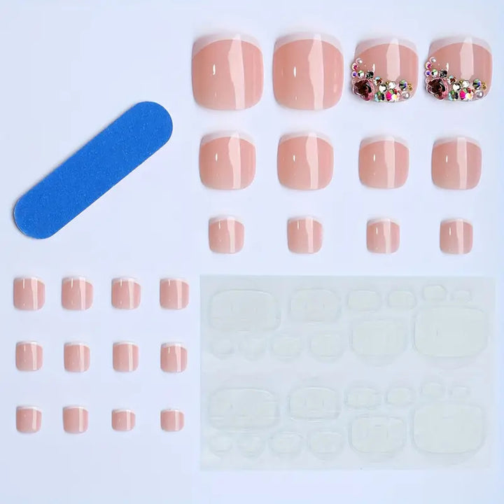Artificial nail set with elegant French tips and glamorous crystal embellishments Kalsten