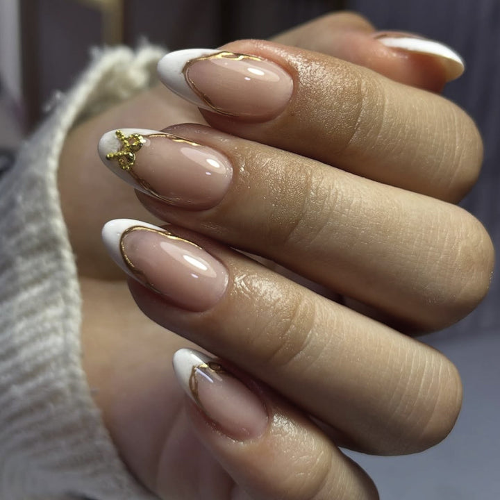Elegant French Tip Nail Extensions with Gold Accents Kalsten