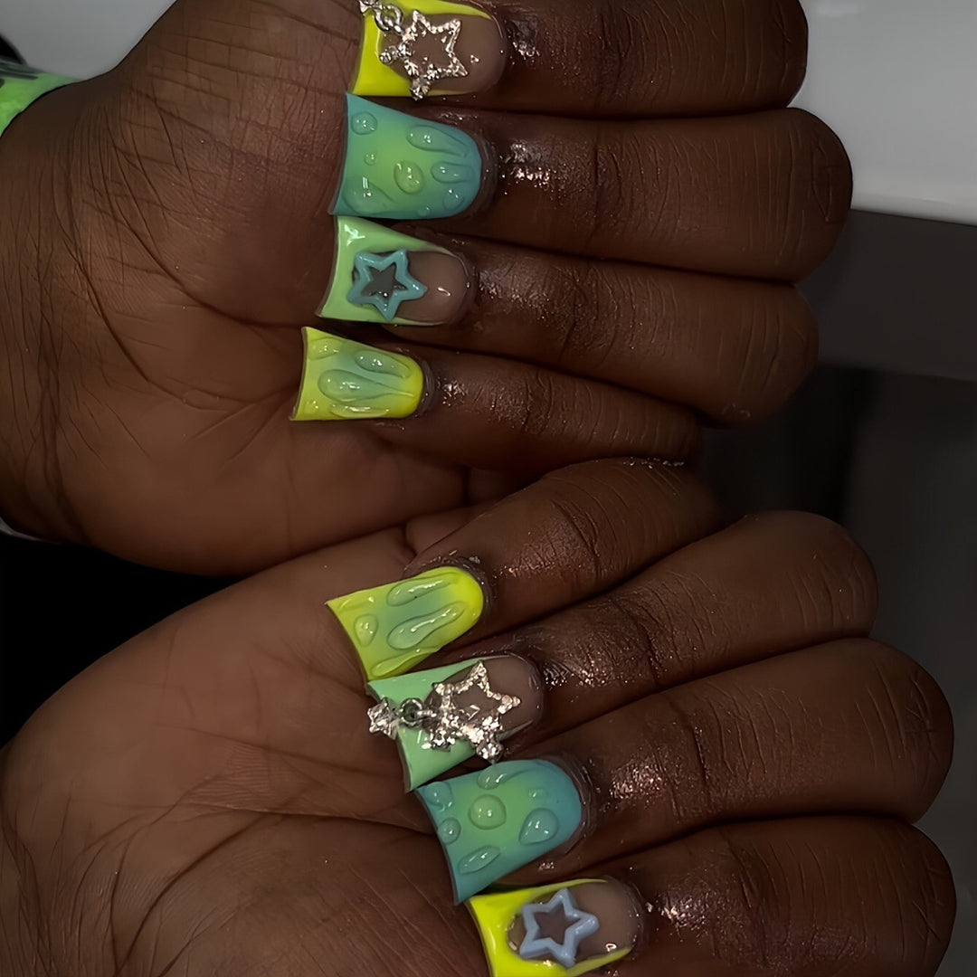 Creative Press-On Nail Art Set with Star and Drip Design Kalsten