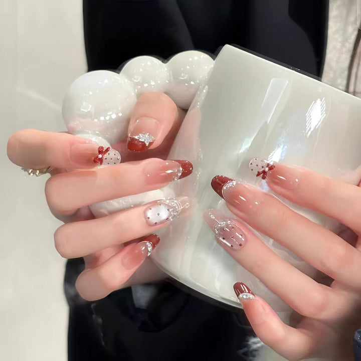 Artistic Long Stiletto Press-On Nail Set with Bow and Gemstone Accents Kalsten