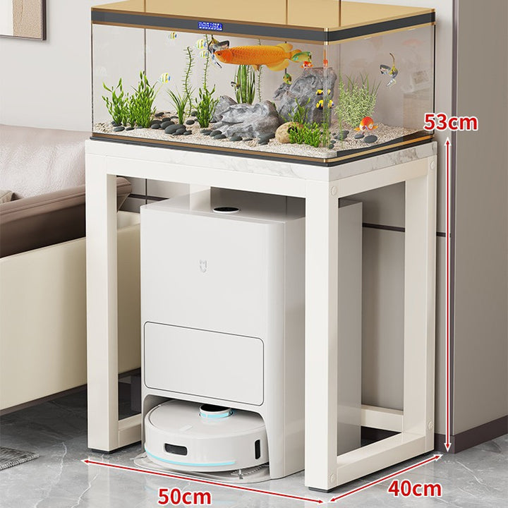 Gold Metal Aquarium Console Table with Faux Marble Top and Robot Vacuum Storage