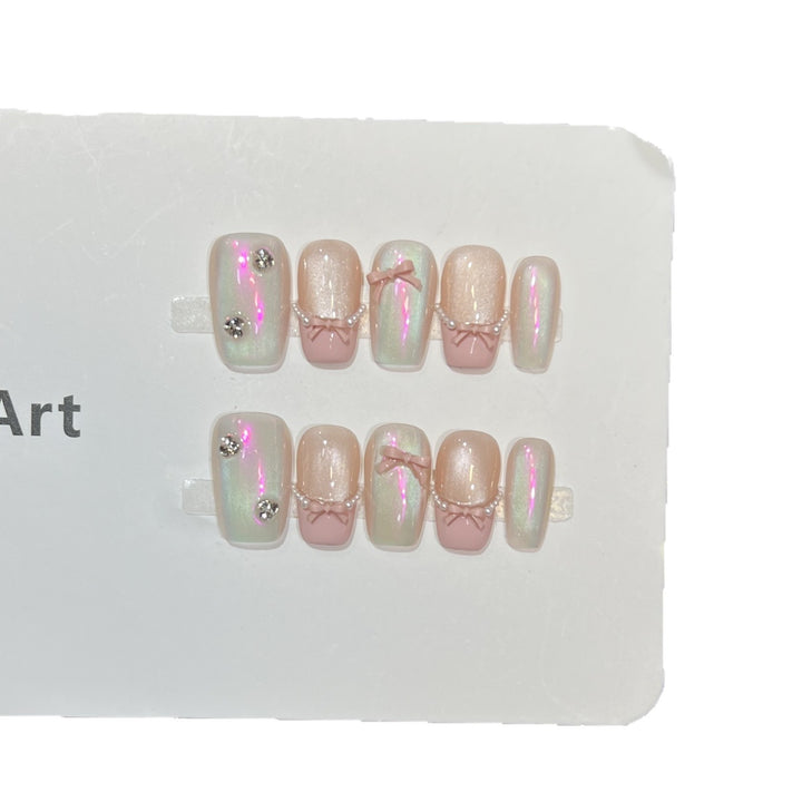 Decorative Press-On Nail Art Set with Artistic Bow and Pearl Accents Kalsten