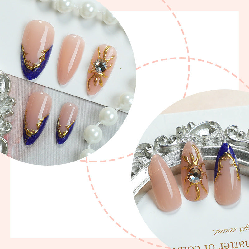 Premium Decorative Press-On Nail Set with Gold and Blue Accent Designs Kalsten