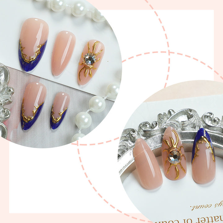 Premium Decorative Press-On Nail Set with Gold and Blue Accent Designs Kalsten