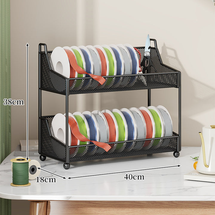 Metal Mesh Ribbon and Tape Spool Organizer with Integrated Scissor Slot