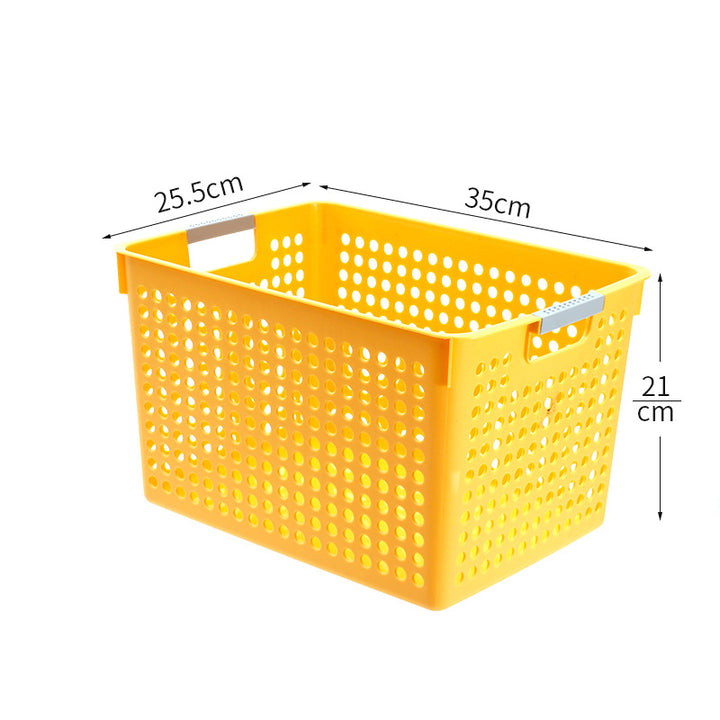 Flat plastic storage box with perforated side wall and grip recesses