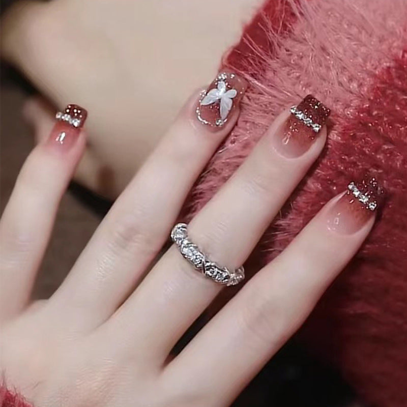 Elegant Ombre Press-On Nail Set with Floral and Rhinestone Accents Kalsten