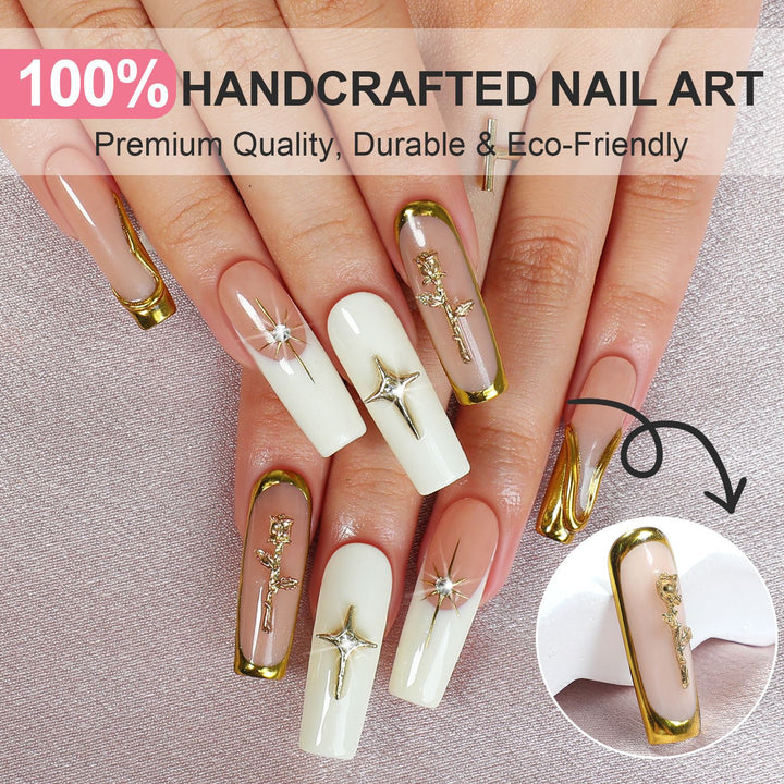Creative nail art set with golden accents and floral details Kalsten