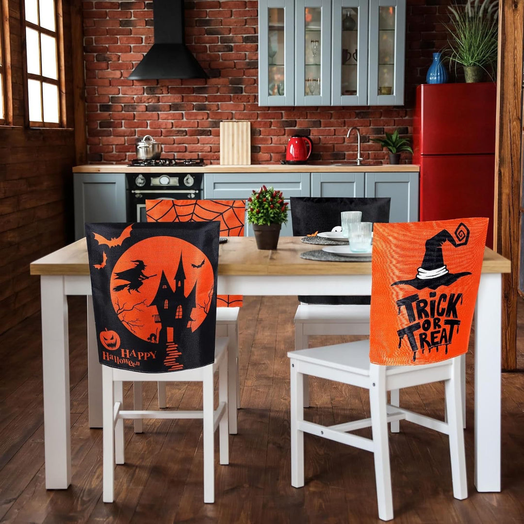 festive Halloween chair covers made of stretchable polyester with witch hat and lettering design