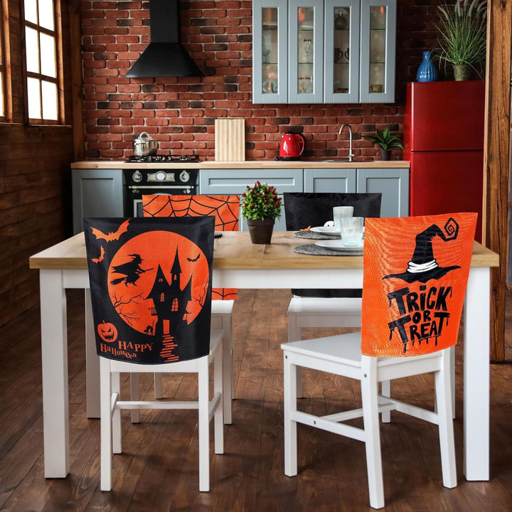 festive Halloween chair covers made of stretchable polyester with witch hat and lettering design