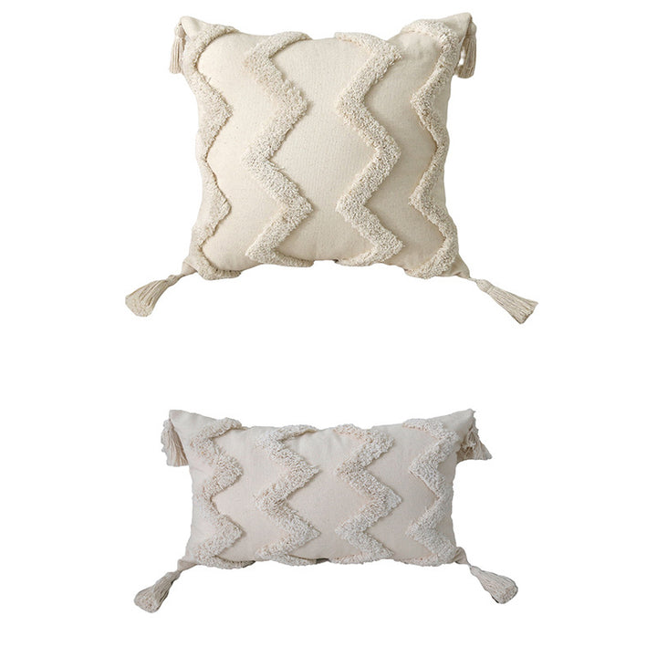 Artisanal Tufted Pom-Pom Cotton Square & Lumbar Tassel Accent Pillow Set with Removable Covers