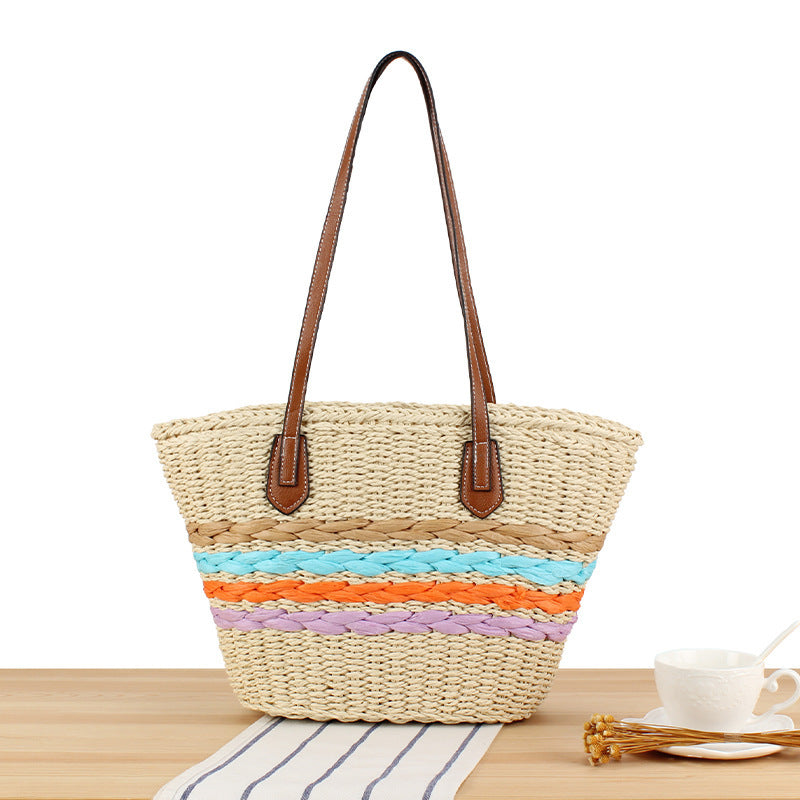 Leisure Beach Bag Made of Woven Natural Material with Colorful Decor Kalsten