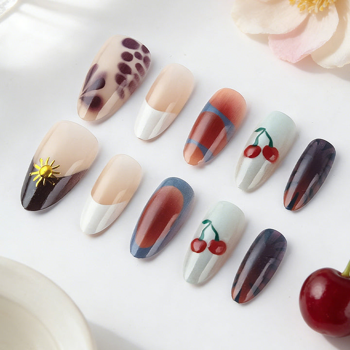 Artistic Press-On Nail Set with Floral and Geometric Patterns Kalsten