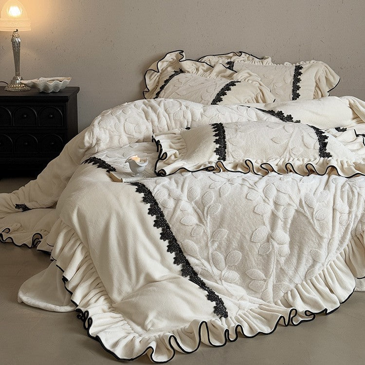 Luxurious Velvety Bedding Set with Ruffle and Floral Lace Border