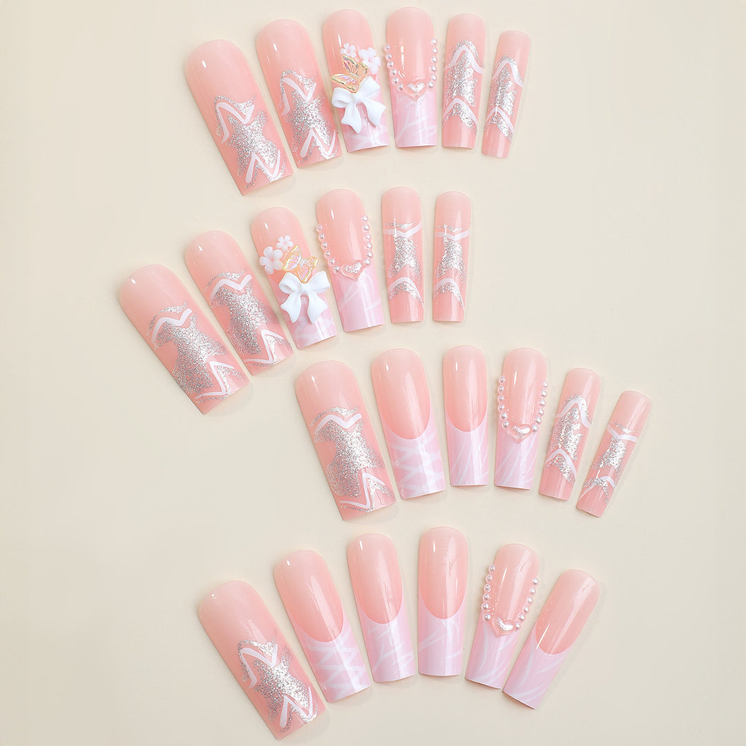 Elegant Decorative Press-On Nail Set with Floral and Pearl Accents kalsten