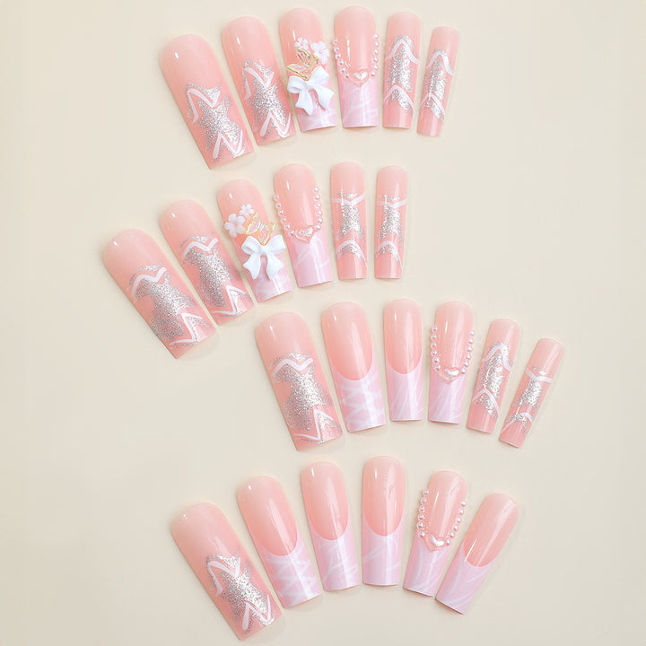 Elegant Decorative Press-On Nail Set with Floral and Pearl Accents kalsten