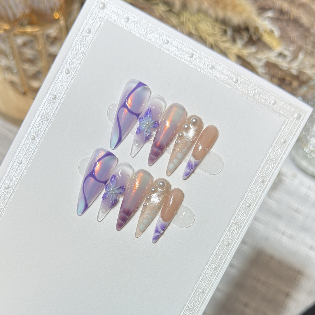 Artistic Stiletto Press-On Nail Design Set with Floral Elements Kalsten