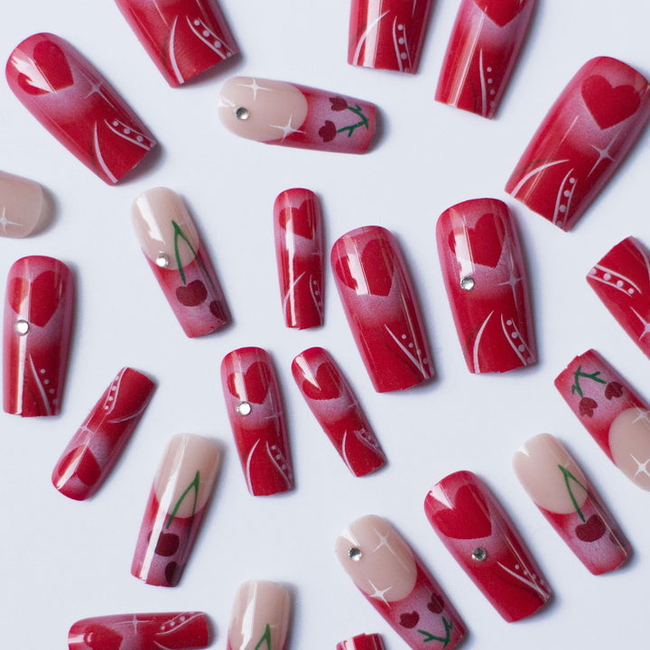 Artistic Heart and Cherry Nail Art Design