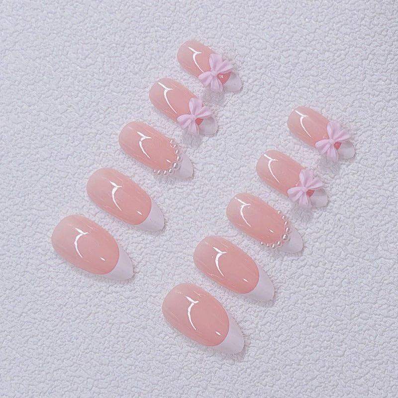 Elegant Artificial Nails with Bows and Pearl Design Kalsten
