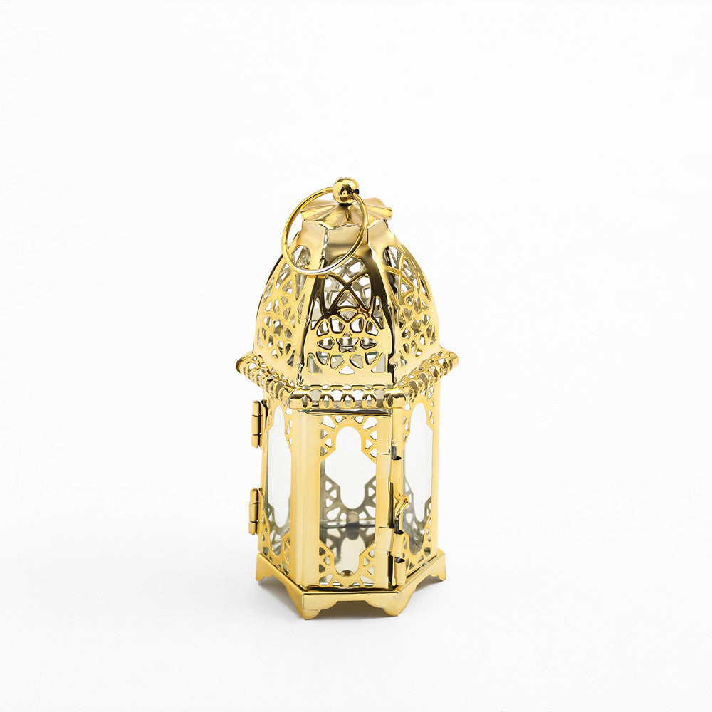 Intricate Cutwork Metal Tealight Lantern with Hinged Glass Panels Kalsten