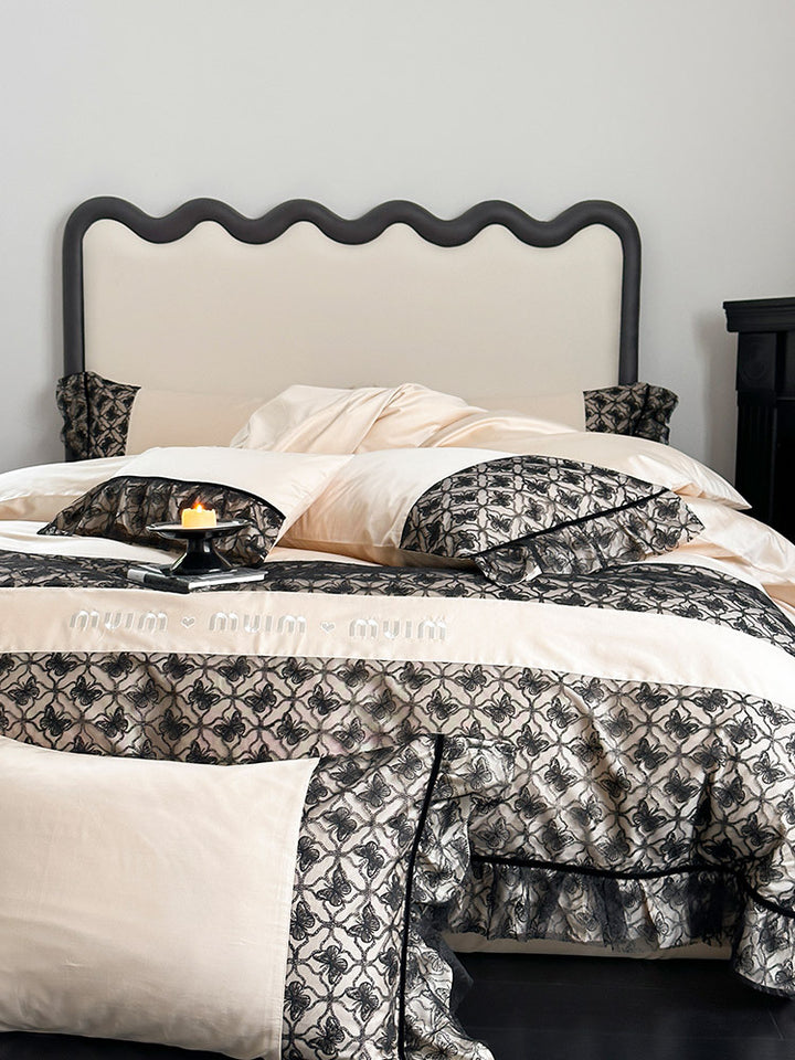 Luxurious Reversible Cotton Satin Bedding Set with Jacquard Border and Ruffle