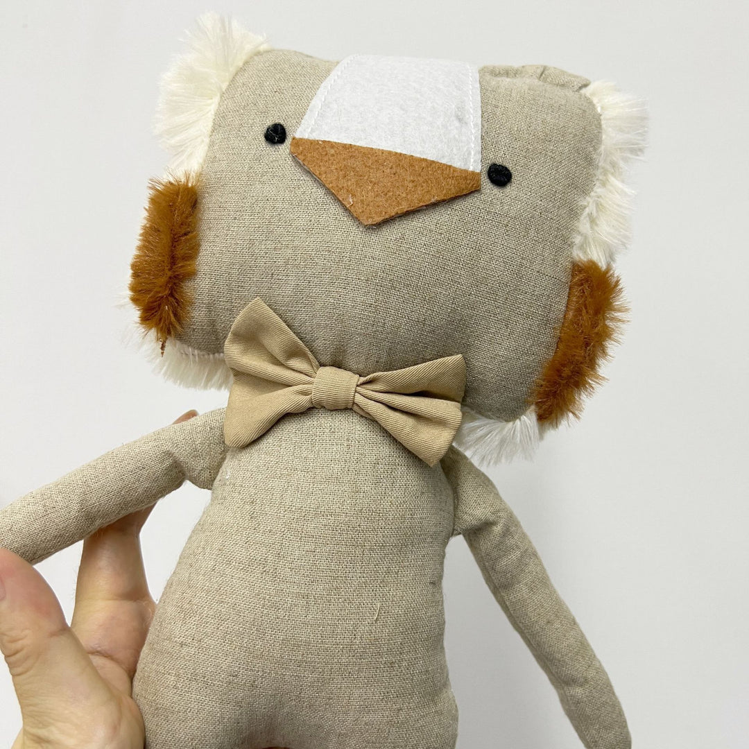 Handcrafted Linen Bear Plush Doll with Bow Tie