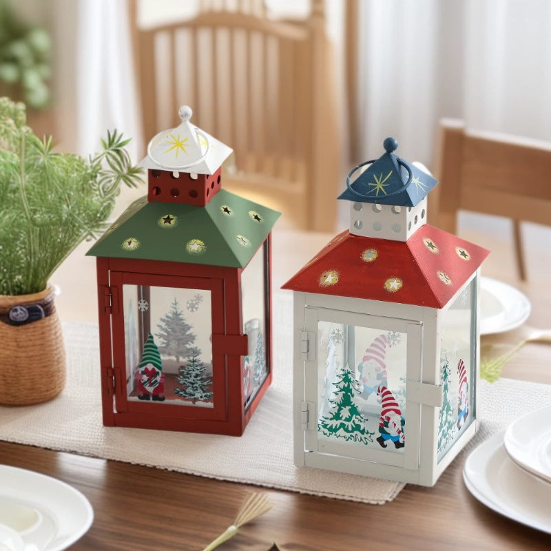 Decorative Holiday Gnome Lantern with Star-Cut Roof and Glass Panel Candle Holder Kalsten