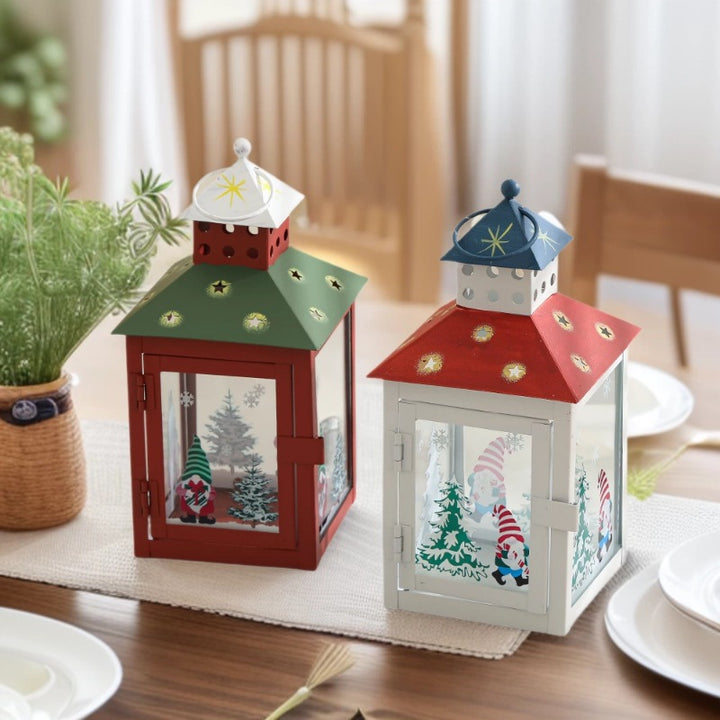 Decorative Holiday Gnome Lantern with Star-Cut Roof and Glass Panel Candle Holder Kalsten