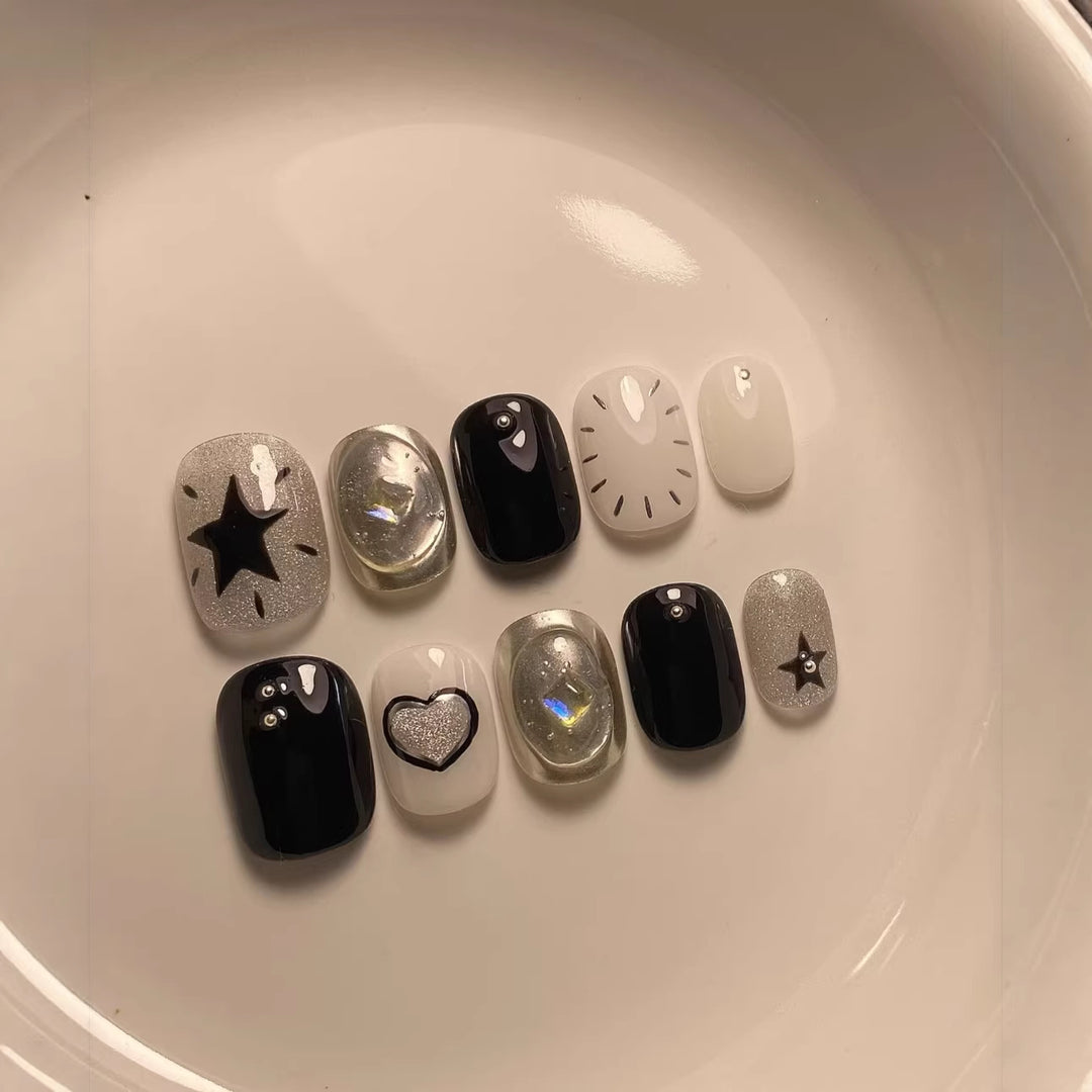 Artistic Press-On Nail Art Set with Geometric and Star Patterns