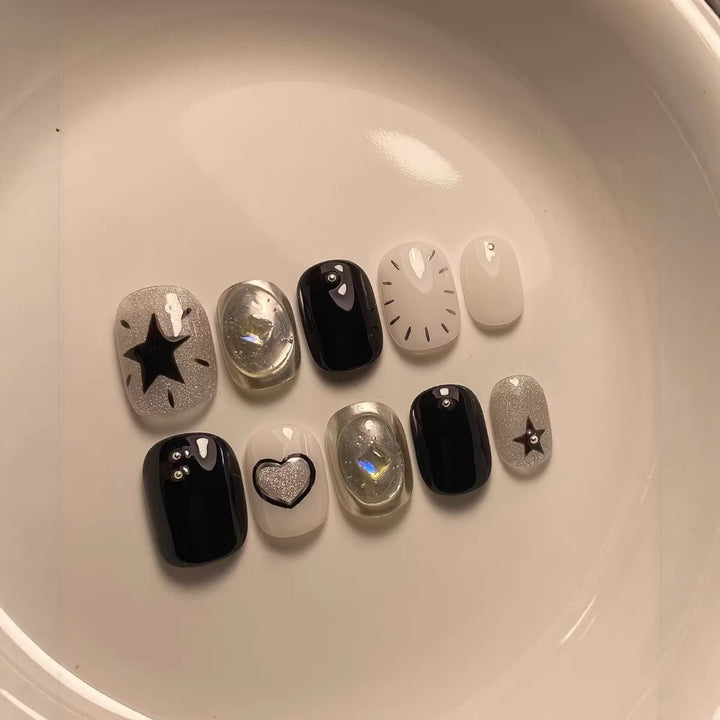 Artistic Press-On Nail Art Set with Geometric and Star Patterns