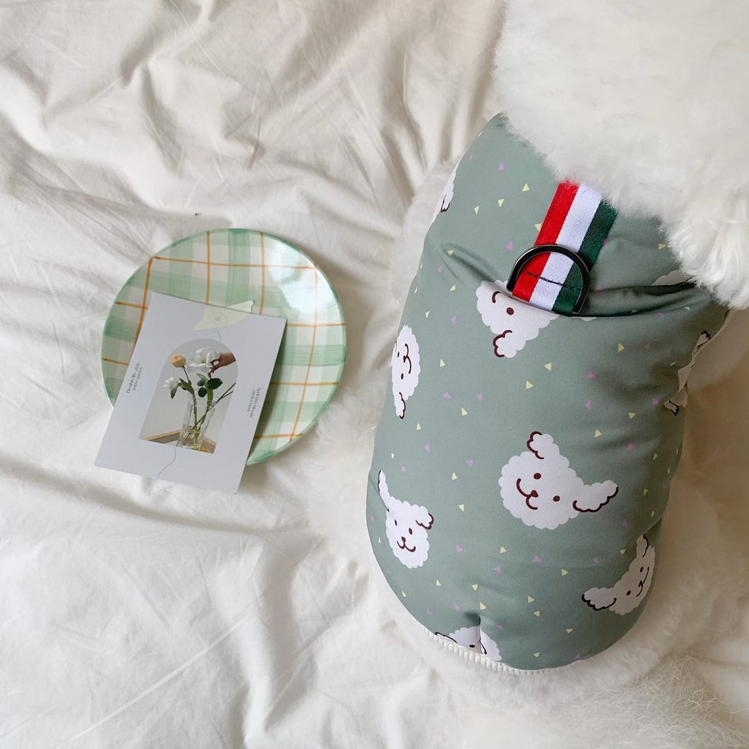 Padded Dog Coat with Faux Fur Hood, Harness D-Ring & Playful Sheep Print