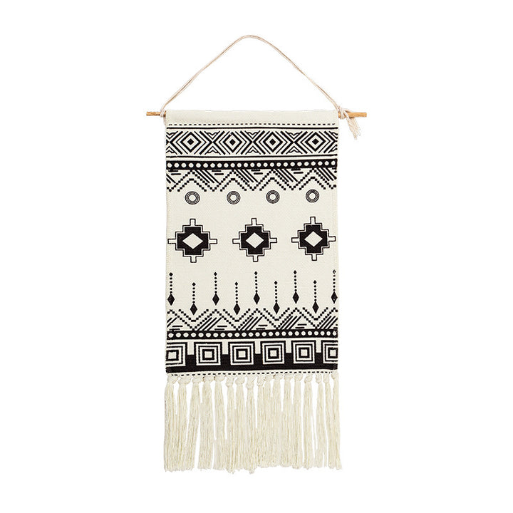Woven cotton blend wall hanging with graphic ethnic pattern and long fringes Kalsten