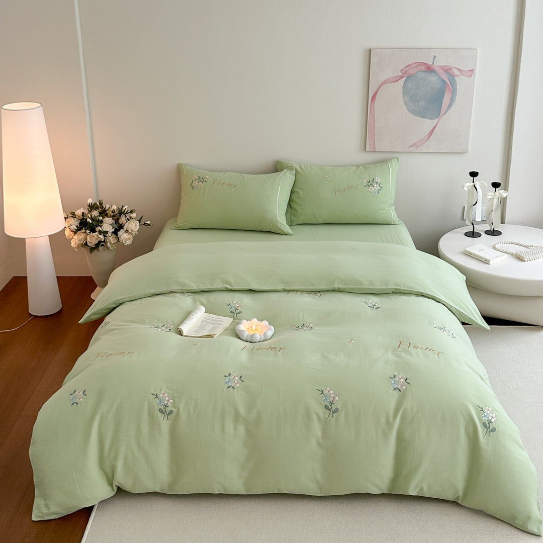 Delicate embroidered cotton bedding set with gentle botanical embroidery and bow ties Kalsten