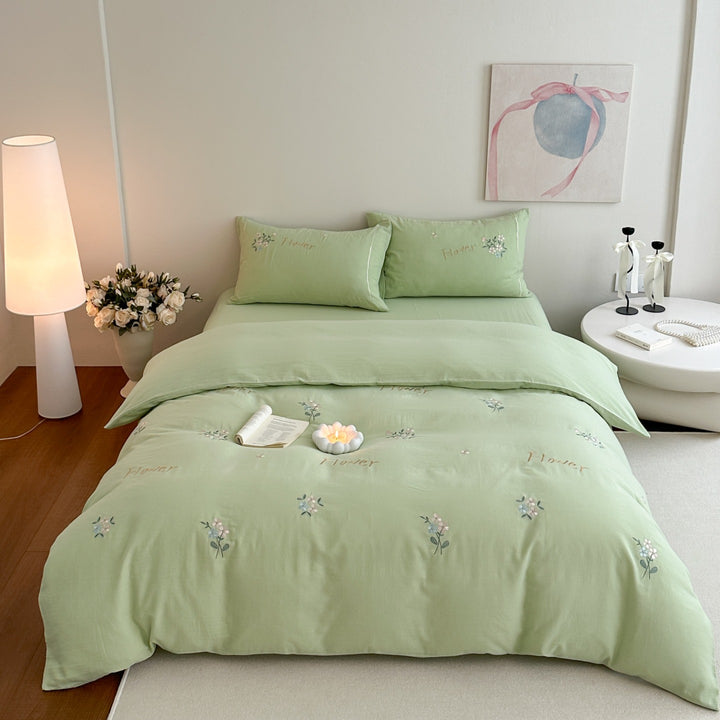 Delicate embroidered cotton bedding set with gentle botanical embroidery and bow ties Kalsten