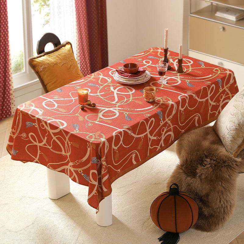 Rectangular decorative tablecloth with cord and tassel pattern as well as contrasted hem edge Kalsten