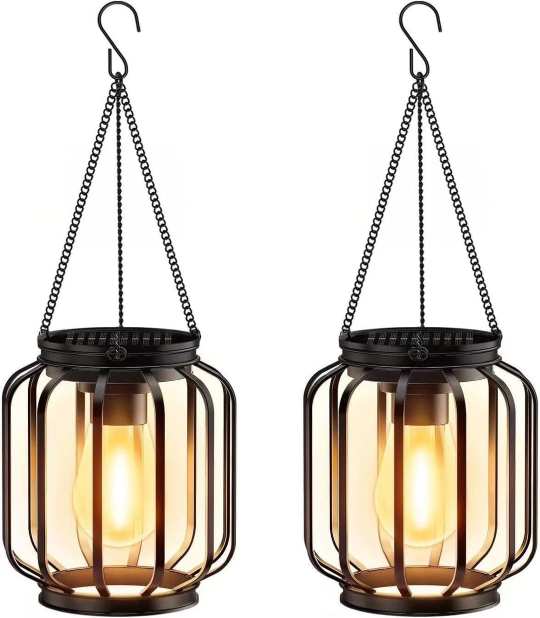 Solar Hanging Outdoor Lanterns With Vintage-Style LED Filament Bulb And Metal Cage Waterproof Suspension Kalsten