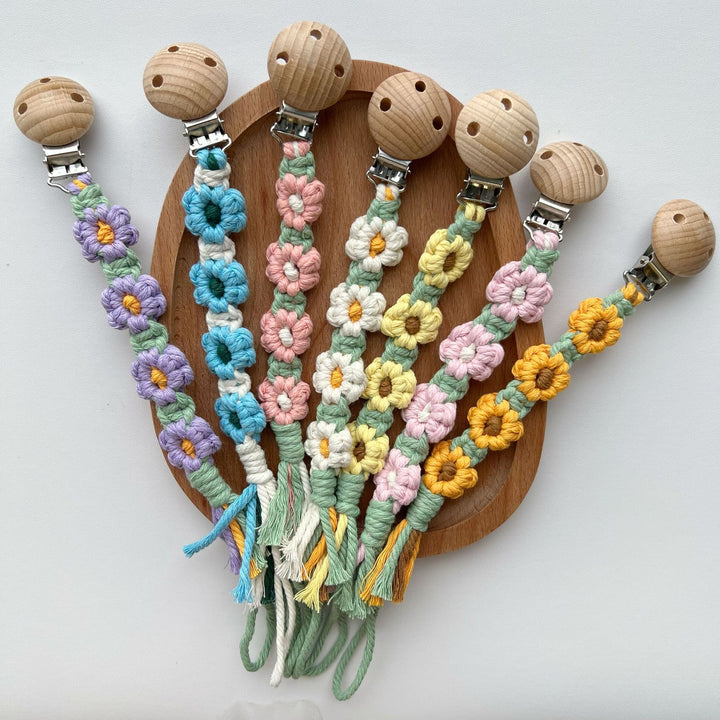 Macramé Flower Pacifier Clip with Wooden Safety Clamp