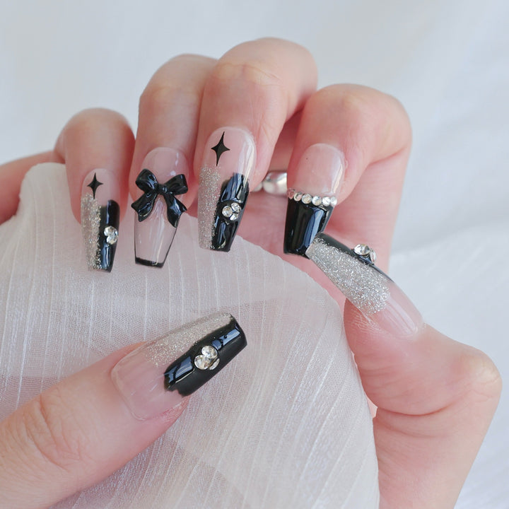 Artistic Press-On Nail Art Set with Heart and Celestial Designs