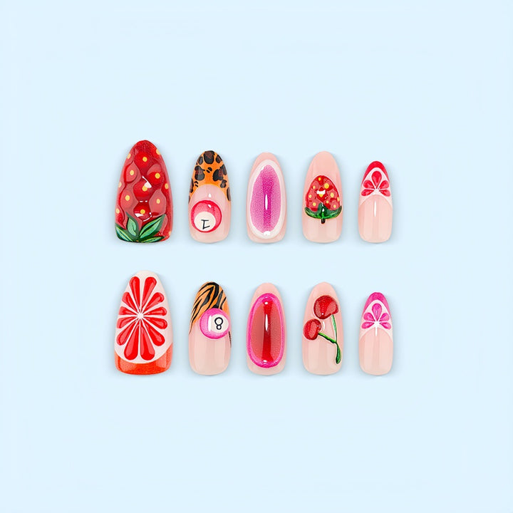 Artificial nails with fruity motifs andGloss finish Kalsten