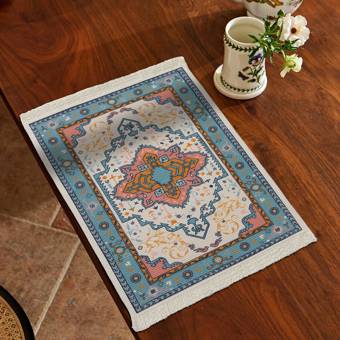 Rectangular short-pile rug in oriental medallion design with fringes Kalsten