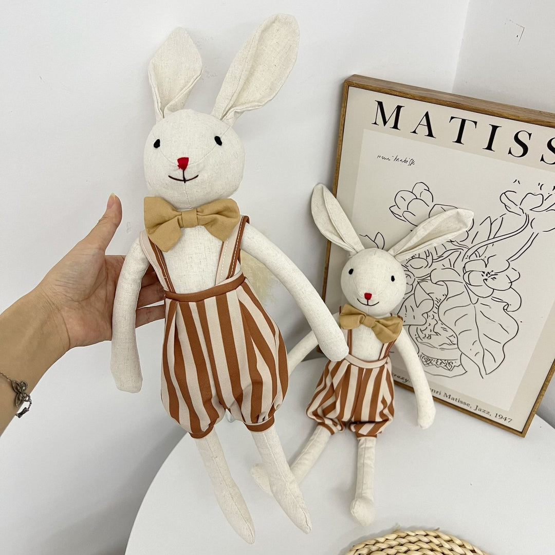 Handmade Linen Bunny Soft Cloth Doll with Embroidered Overalls