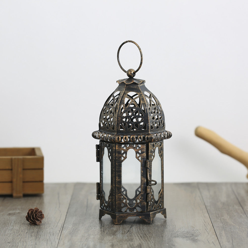 Decorative Moroccan Filigree Metal Lantern with Glass Panels and Hanging Ring Kalsten