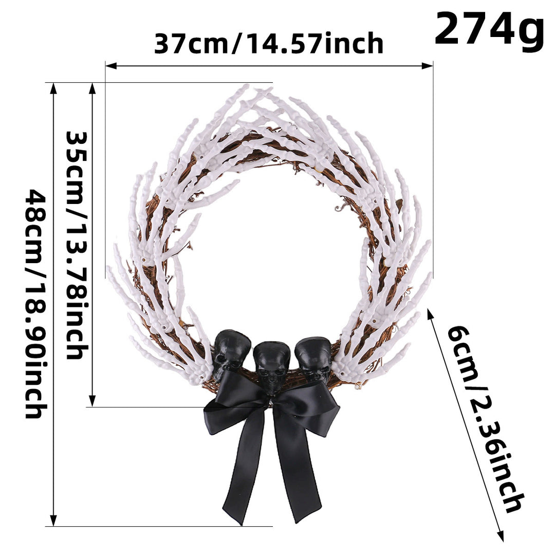 Creepy Halloween Door Wreath with Skeleton Hands, Three Skulls and Satin Ribbon