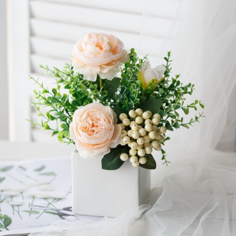 Lifelike Floral Arrangement in Decorative Square Planter