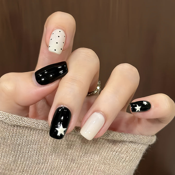 Artistic Press-On Nail Design with Stars and Polka Dots Kalsten
