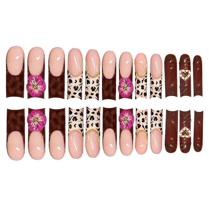 Decorative Long Acrylic Press-On Nail Art with Floral and Leopard Designs Kalsten