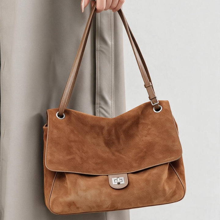 Suede Shoulder Tote Bag with Flap and Turn-Lock Closure